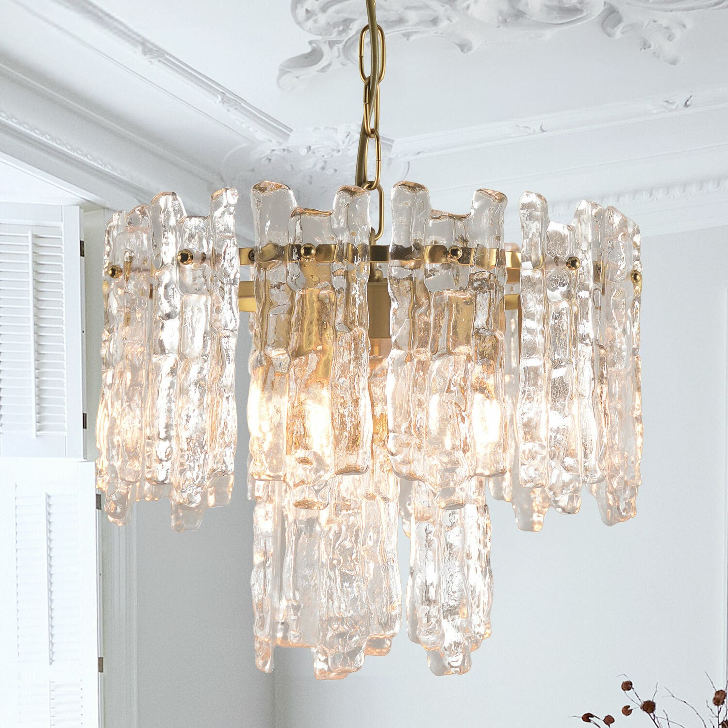 Hängelampe Lanziano Hängeleuchte aus klarem Glas und goldenem Metall, modernes Design fürs Wohnzimmer