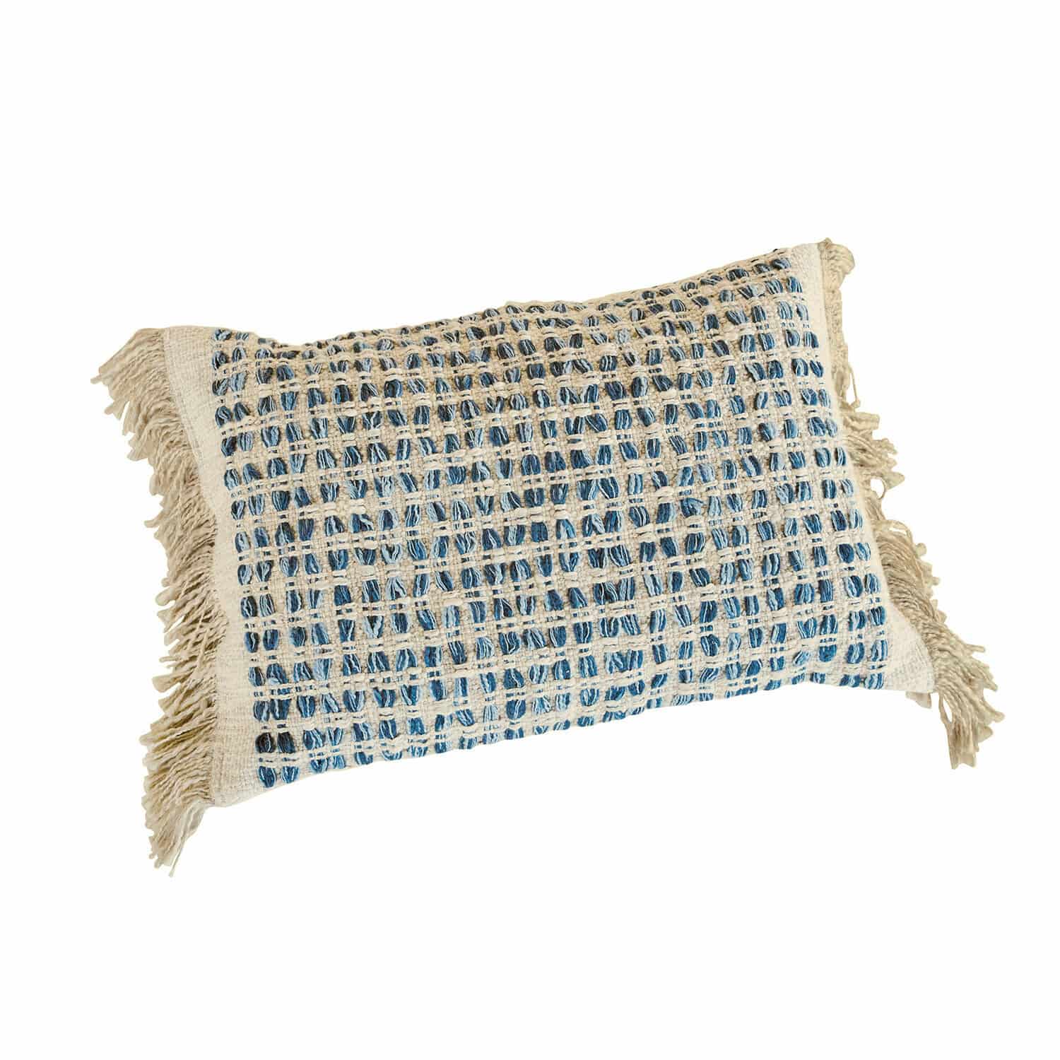 Kissenhülle Monrovie Rechteckiges Dekokissen aus Baumwolle in beigem und blauem Karomuster mit Fransen im Boho-Stil