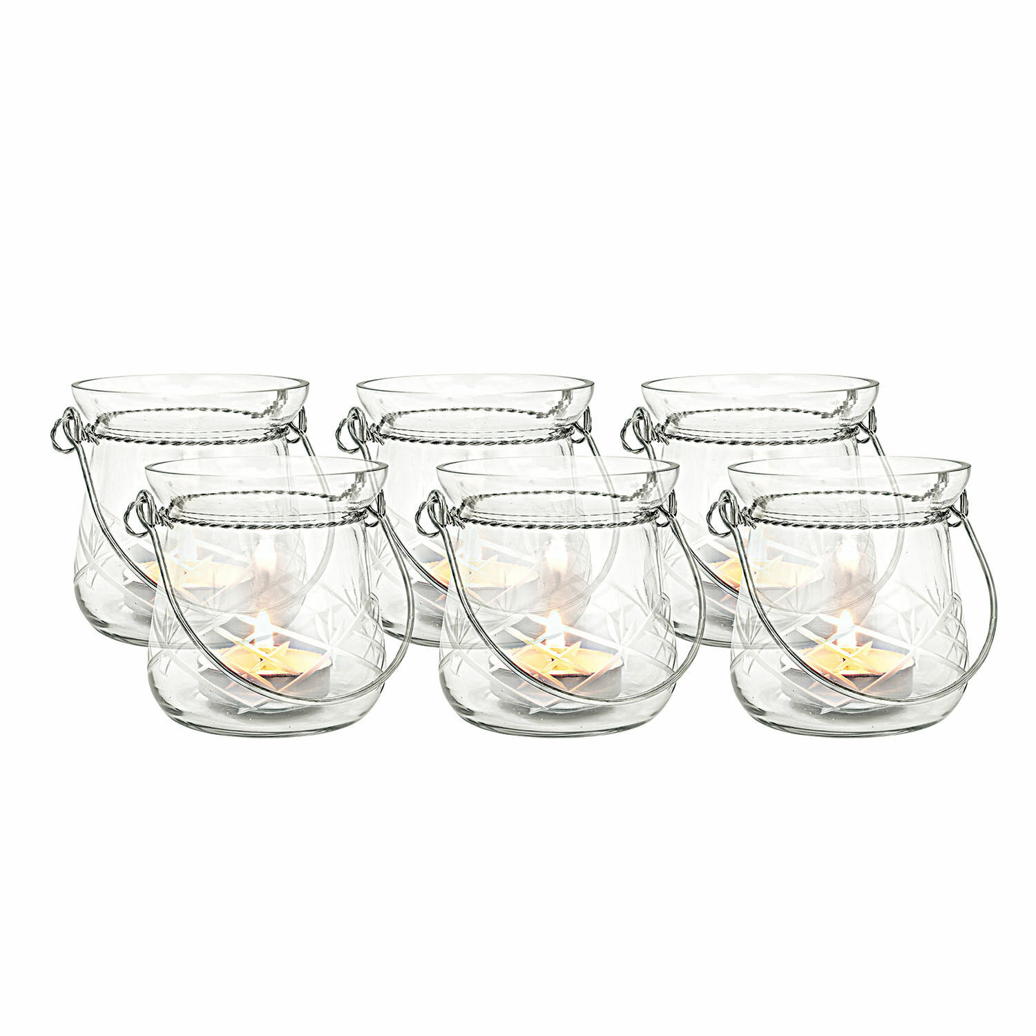 Windlichter 6er Set Mathilde Set aus 6 transparenten Glaslaternen mit Griffen und Kerzen zur Wohnraumdekoration