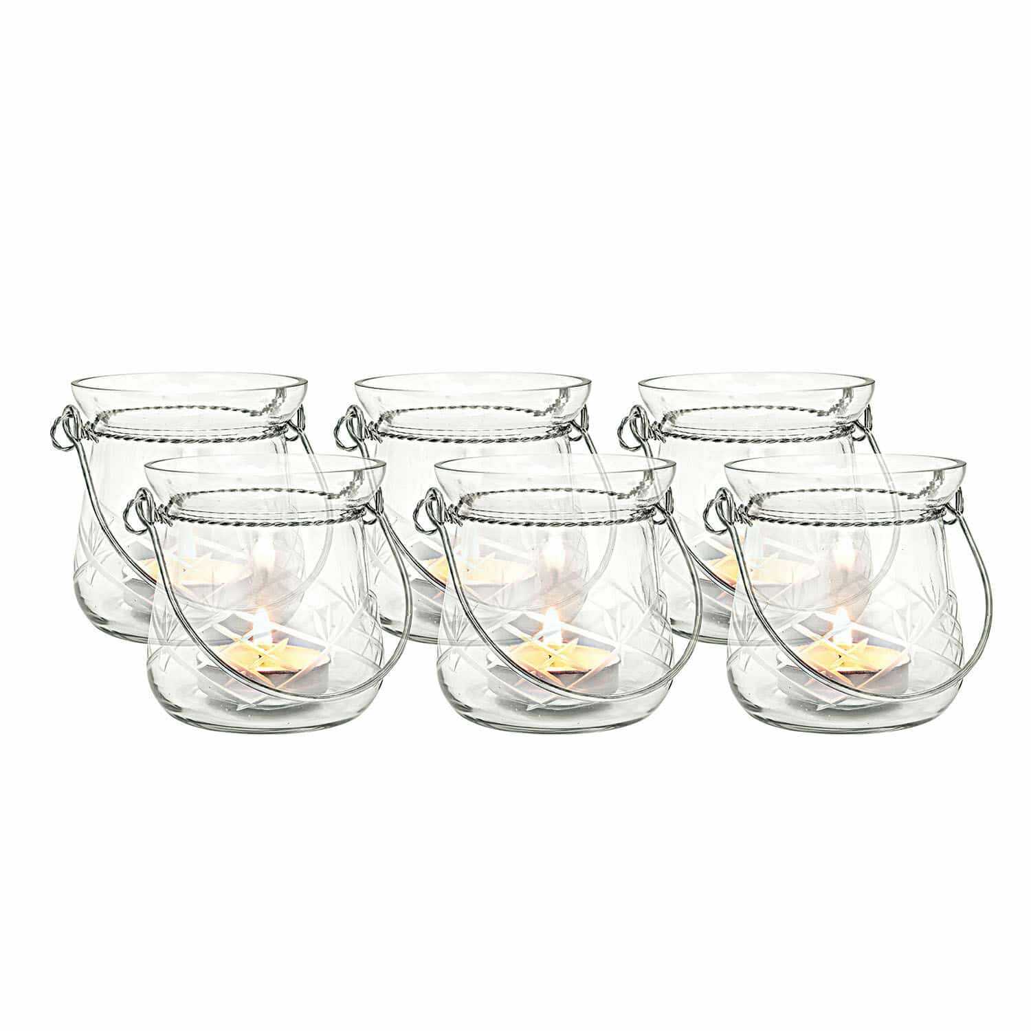 Windlichter 6er Set Mathilde Set aus 6 transparenten Glaslaternen mit Griffen und Kerzen zur Wohnraumdekoration