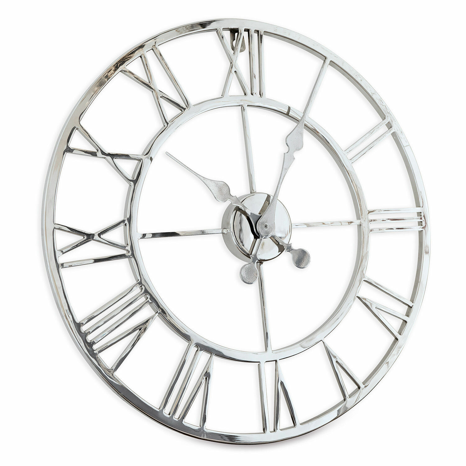 Uhr Houston Runde Wanduhr aus silbernem Metall mit römischen Ziffern, stilvolle Wohnraumdekoration