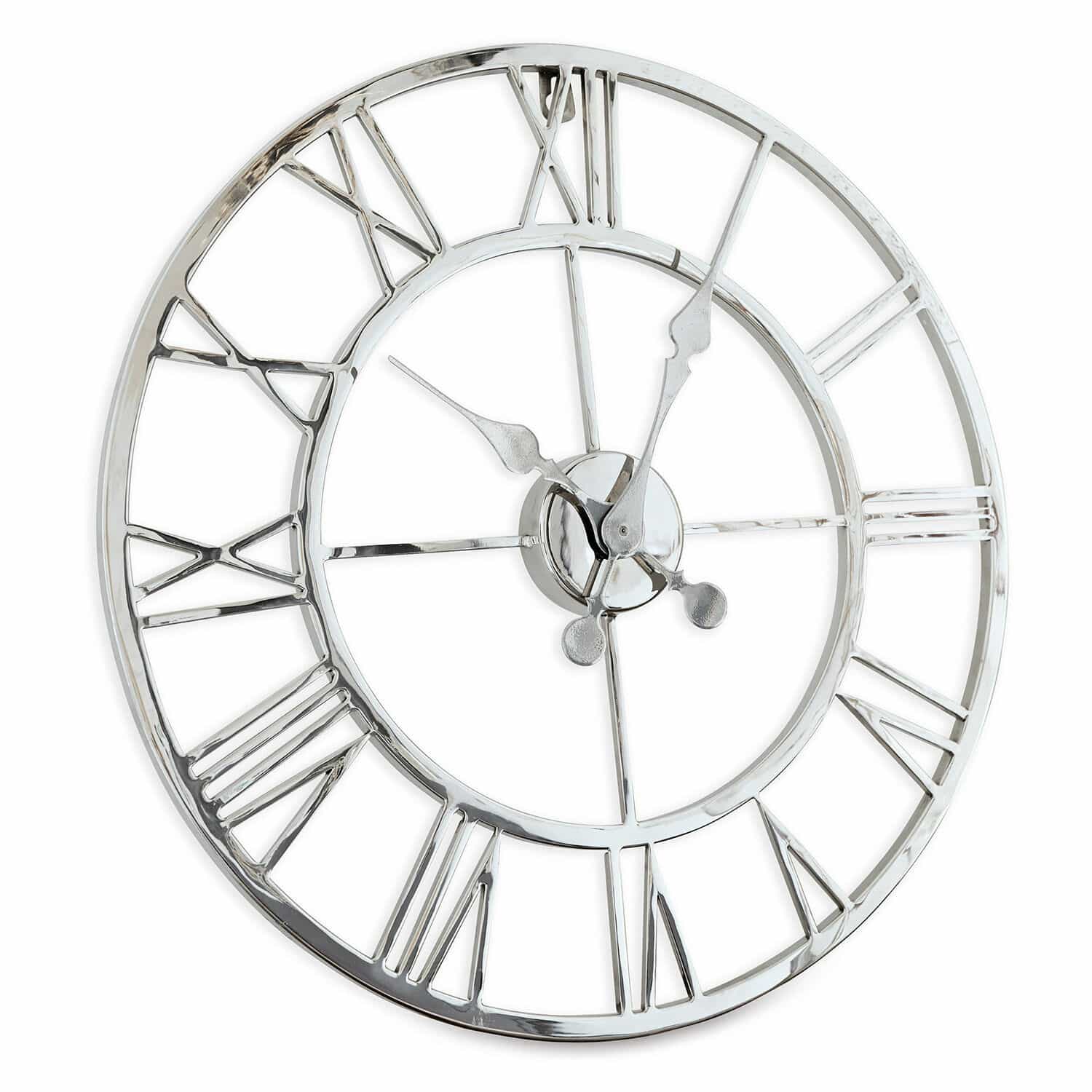 Uhr Houston Runde Wanduhr aus silbernem Metall mit römischen Ziffern, stilvolle Wohnraumdekoration