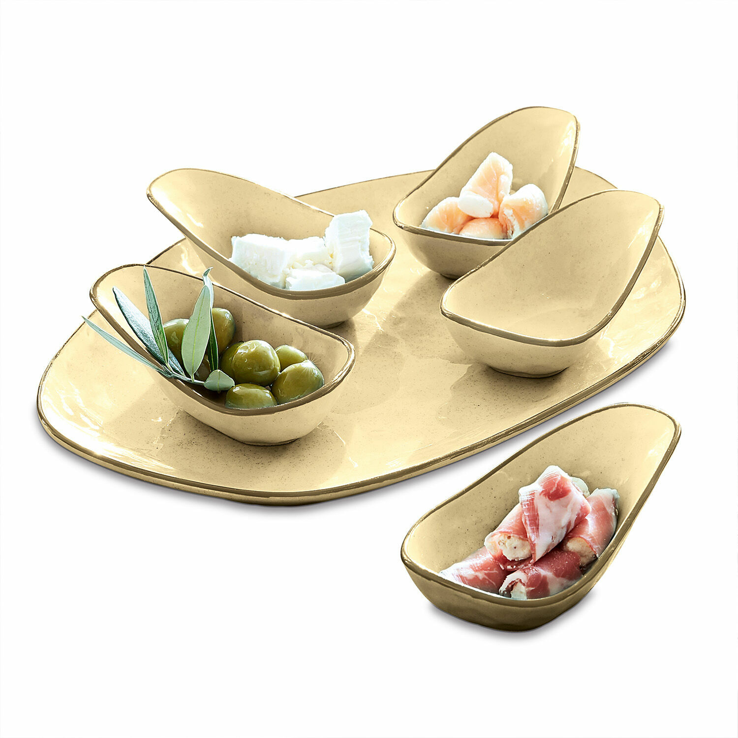 Servierschälchen 6er Set Biarré Beiges Keramik-Set mit Schälchen und Platte zum Servieren von Snacks und Oliven.