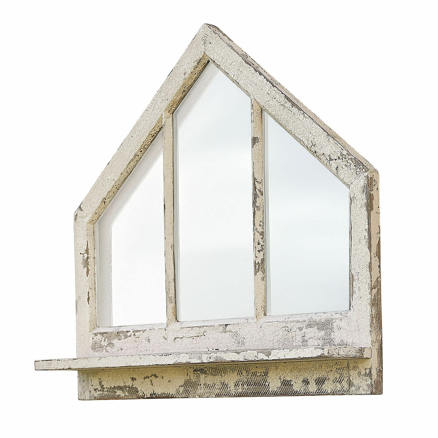 Wandregal Northwick Wandspiegel in Hausform aus weissem, gealtertem Holz mit Ablage, rustikale Wohnraumdekoration
