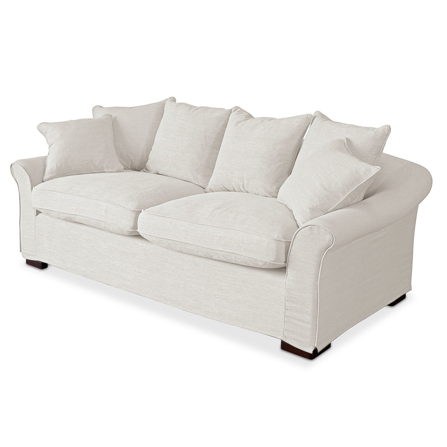 Sofa Long Beach Beiges Stoffsofa mit weichen Kissen und dunklen Holzfüssen für ein gemütliches Wohnzimmer