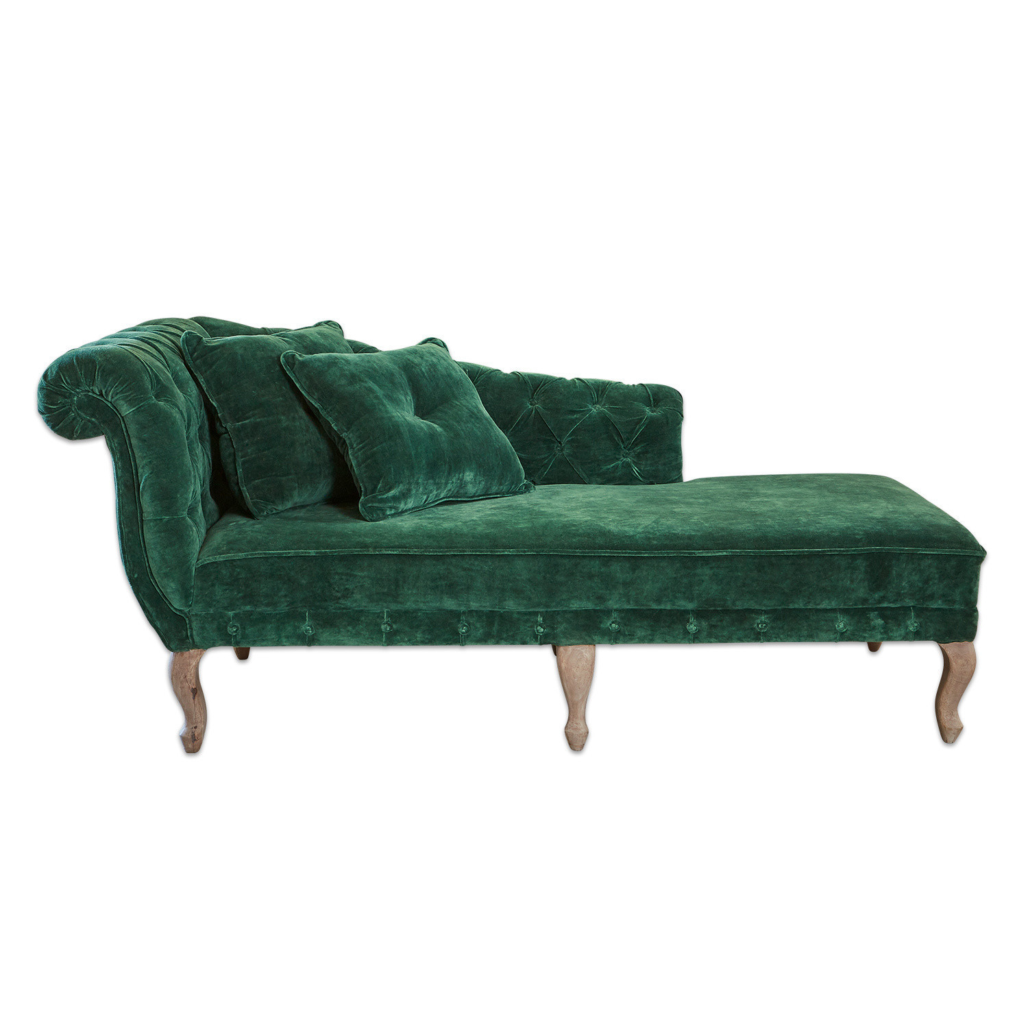 Grüne Samt-Chaiselongue Viviani mit Holzbeinen, elegantes Sofa zum Liegen für das Wohnzimmer