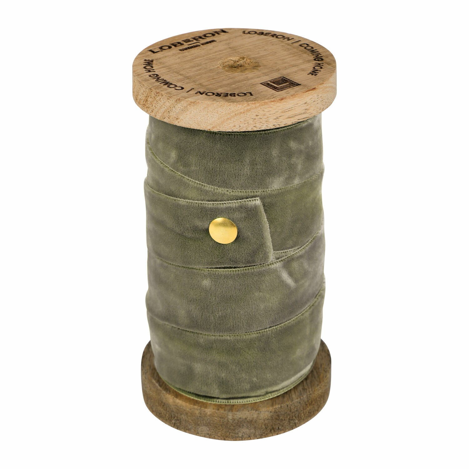 Olivgrünes Samtband auf Holzspule für Dekoration und Bastelarbeiten