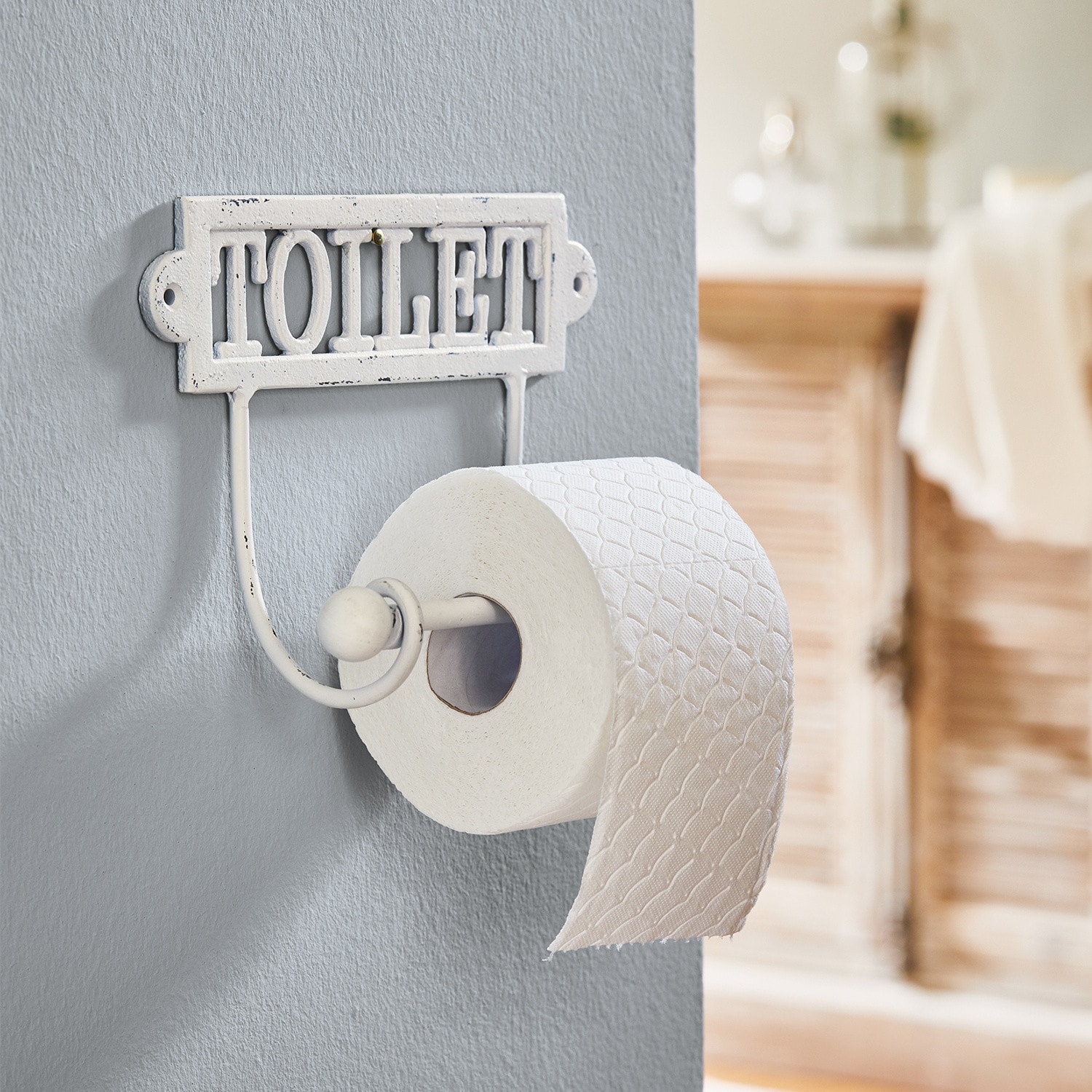 Toilettenpapierhalter Miramas Weisser Toilettenpapierhalter aus Metall mit Schriftzug TOILET im Vintage-Stil für das Badezimmer