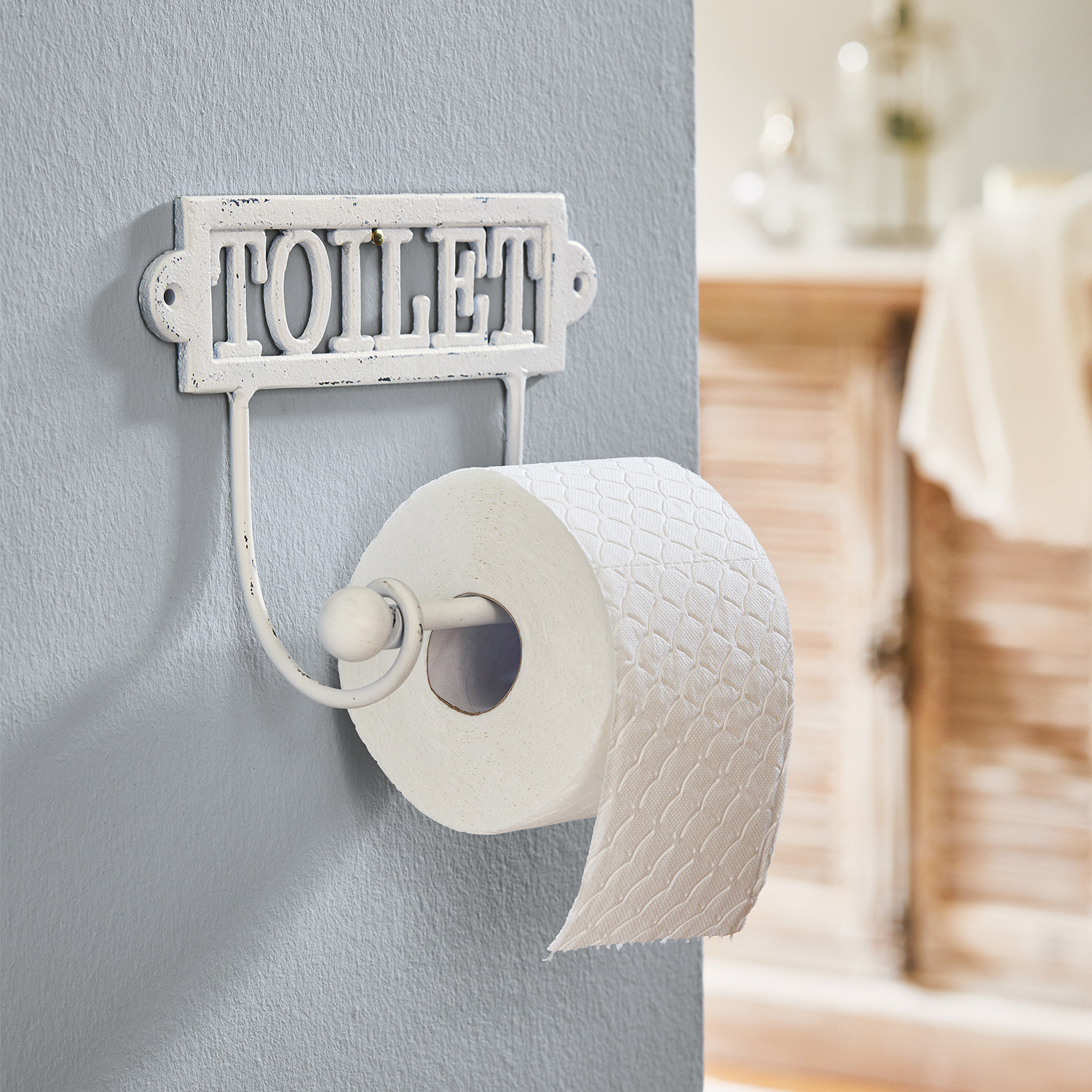 Toilettenpapierhalter Miramas Weisser Toilettenpapierhalter aus Metall mit Schriftzug TOILET im Vintage-Stil für das Badezimmer