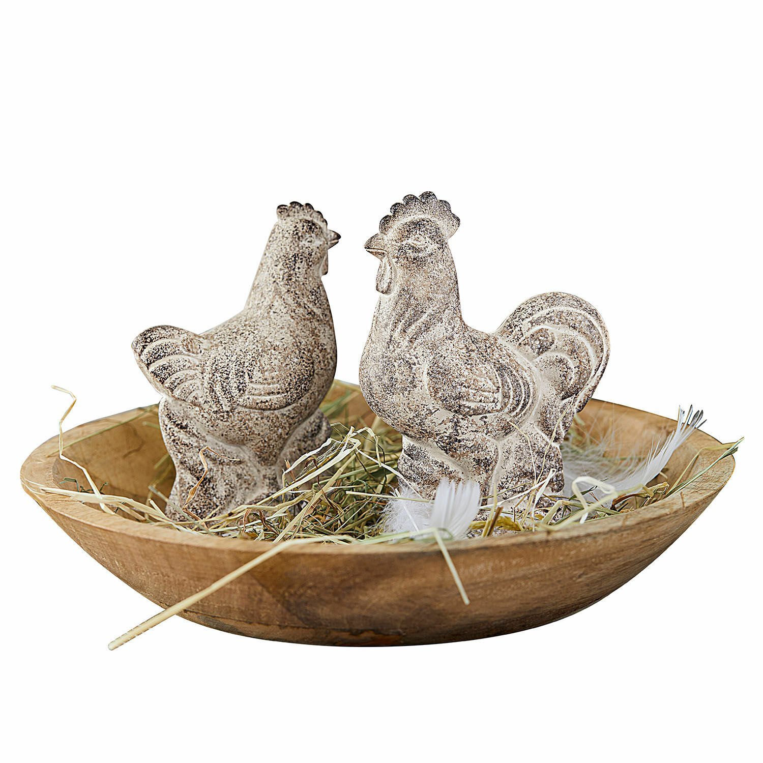 Huhn 2er Set Gesualdo Dekorative Hühner- und Hahnfiguren aus Stein in einer Holzschale mit Heu, rustikale Dekoration