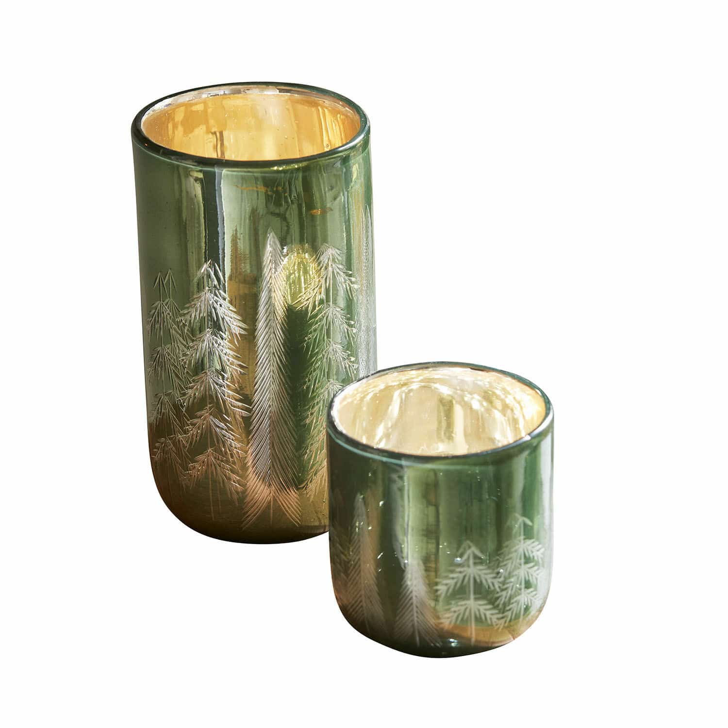 Windlicht 2er Harifaz Set mit zwei grünen Glas-Teelichthaltern mit Baum-Motiv und goldenem Innenraum für Wohnraumdeko