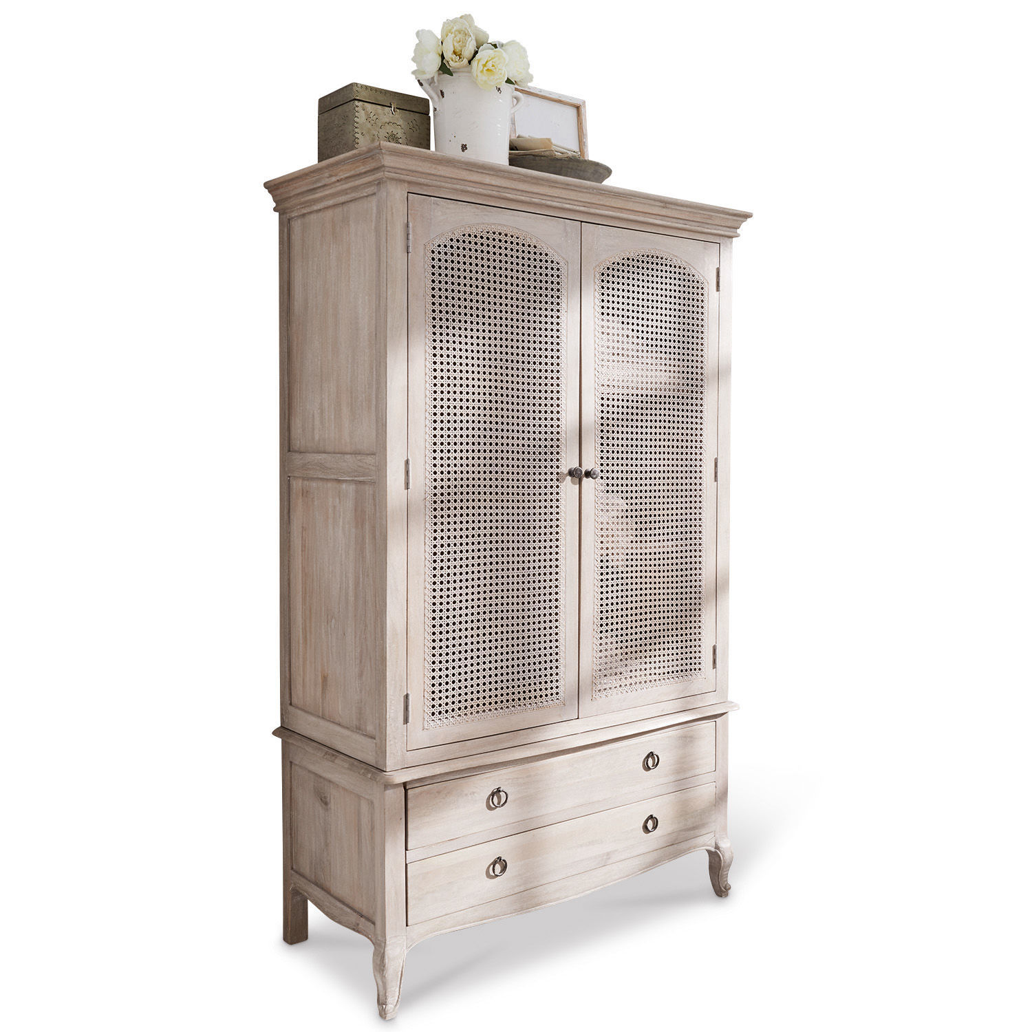 Schrank Truso Helle Holzkommode mit geflochtenen Türen und Schubladen, eleganter Stauraum für das Wohnzimmer