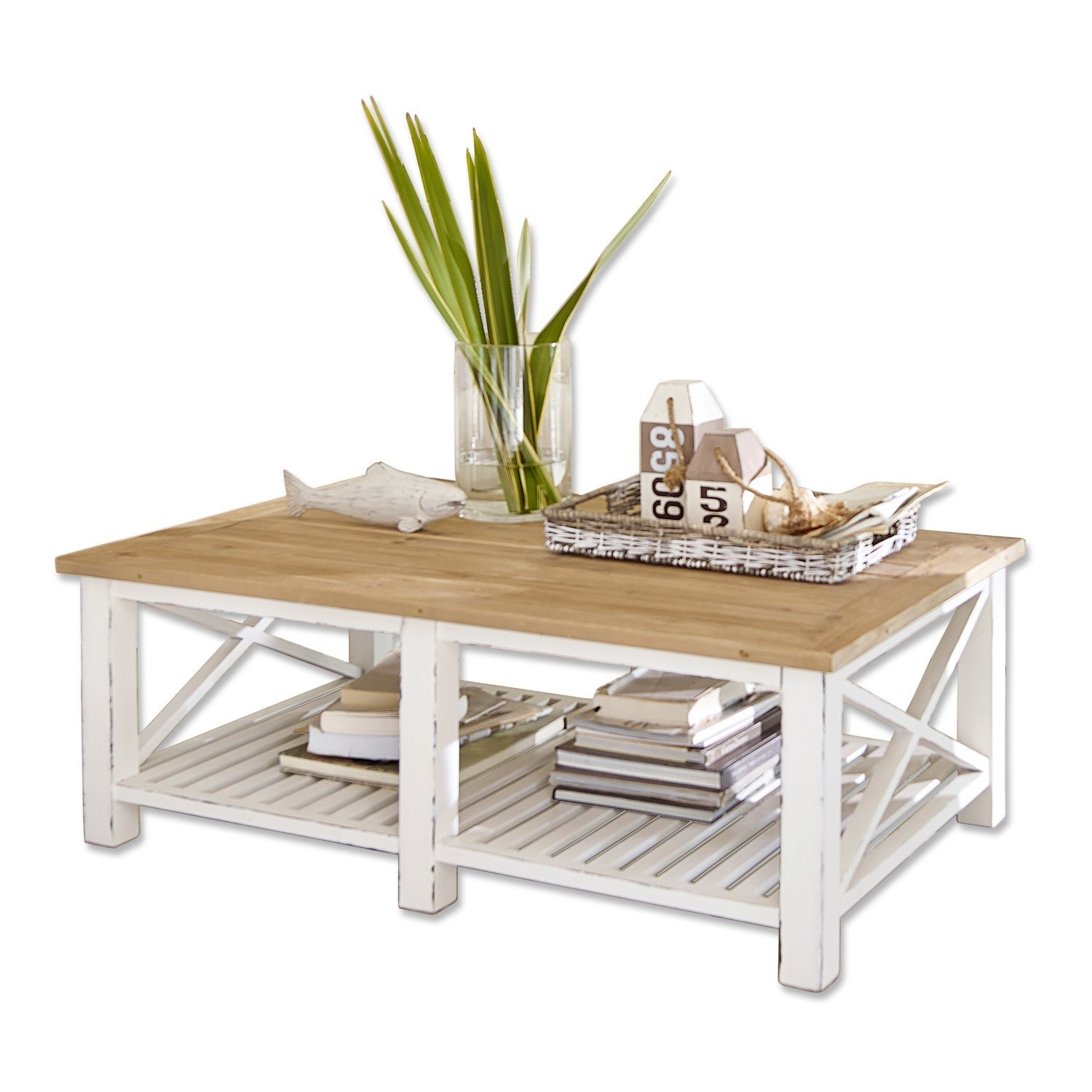 Couchtisch Medfield Couchtisch aus Holz mit weissem Gestell und Ablagefläche, dekoriert mit Pflanze und Korb