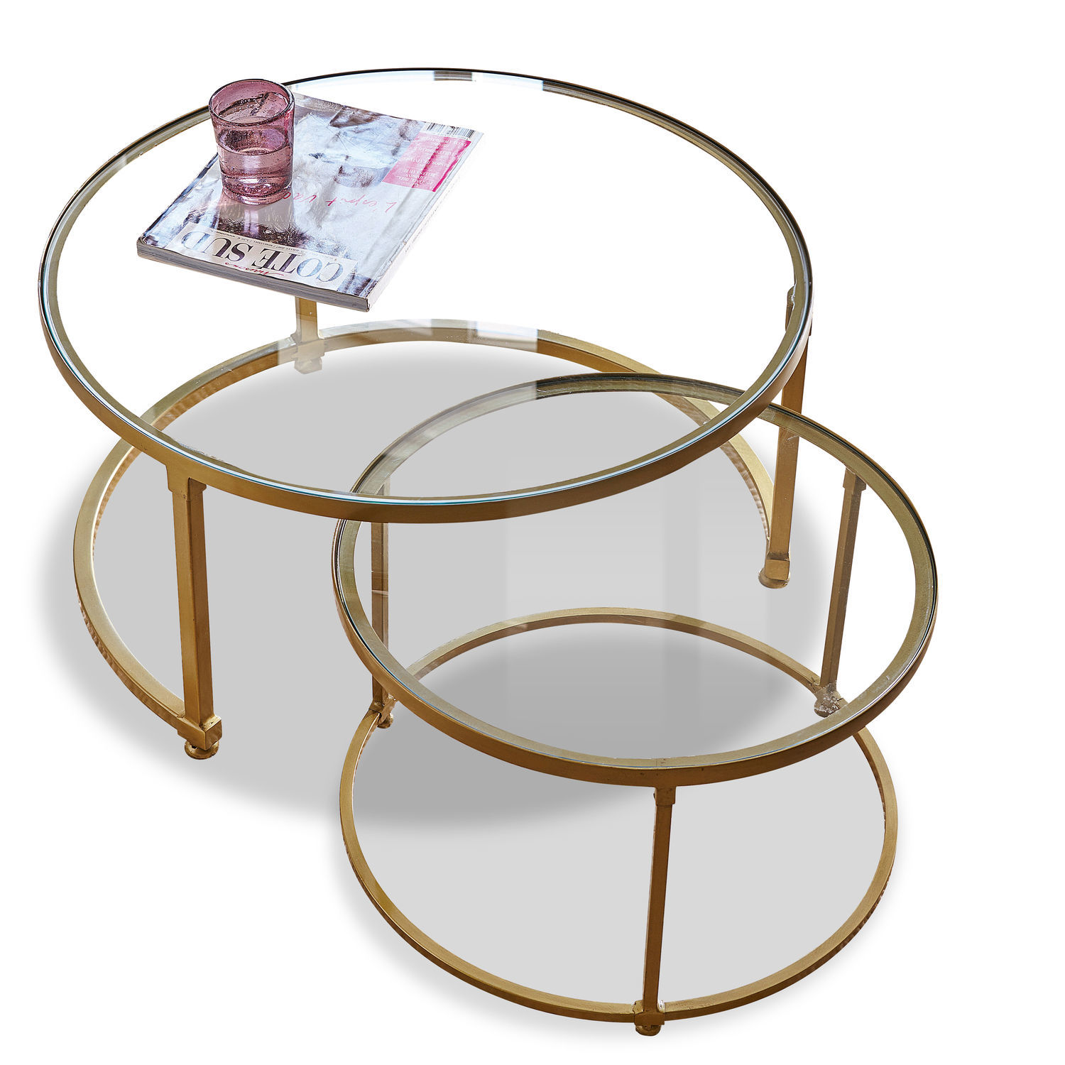 Couchtisch 2er Set Caraman Zweiteiliges Set runder Couchtische mit Glasplatte und goldfarbenem Metallgestell für das Wohnzimmer