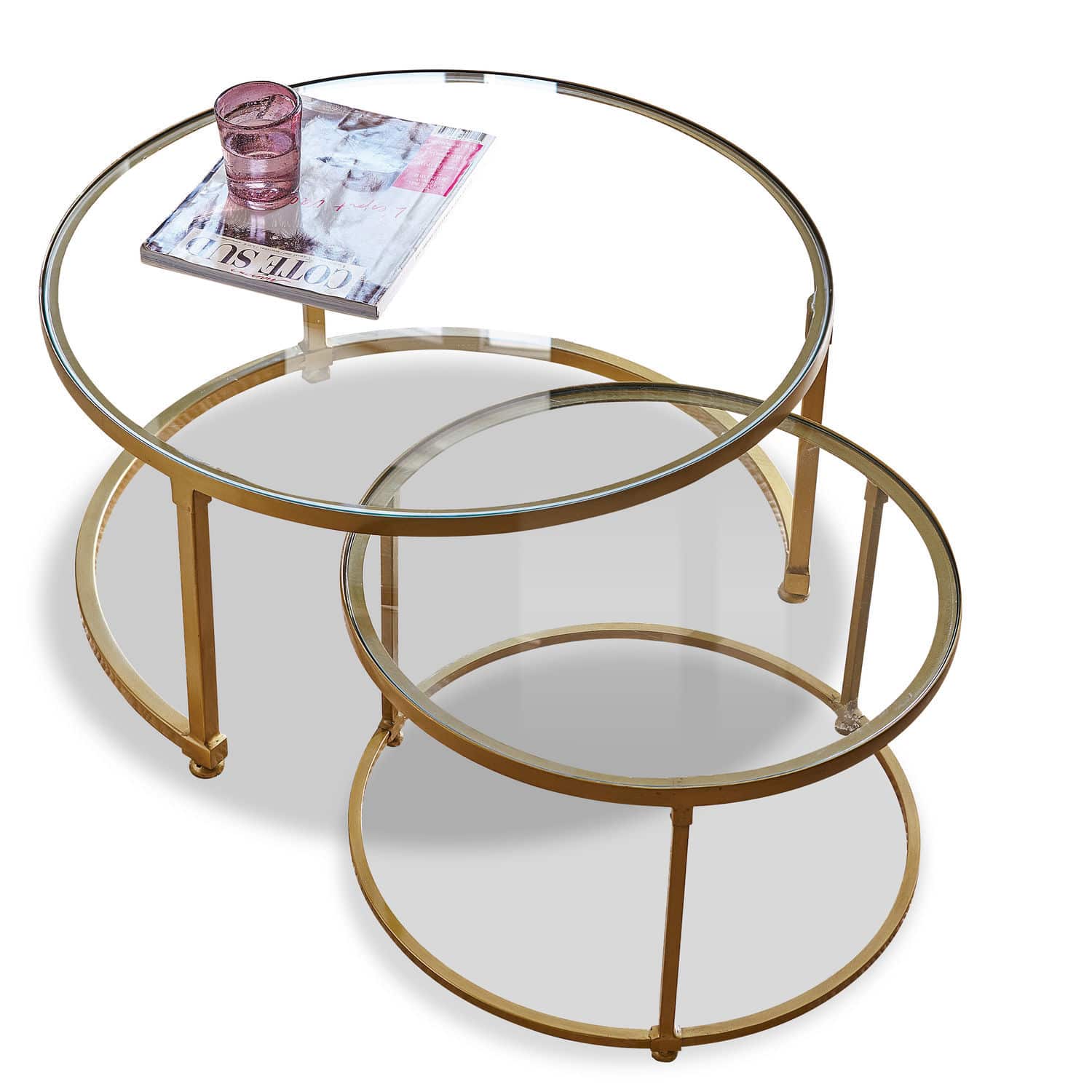 Couchtisch 2er Set Caraman Zweiteiliges Set runder Couchtische mit Glasplatte und goldfarbenem Metallgestell für das Wohnzimmer