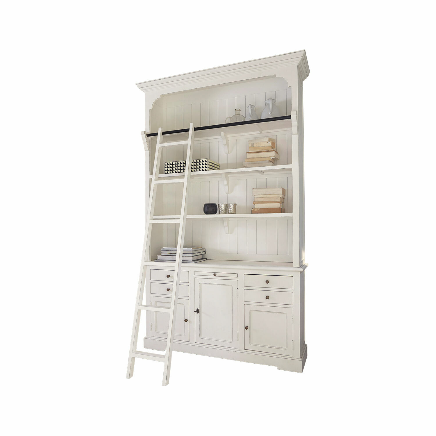 Schrank Monts Weisse Holzvitrine mit Leiter und Regalen für Bücher und Dekoration im Wohnzimmer
