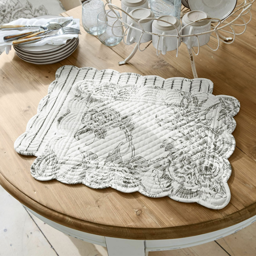 Weiss gepolsterte Tischunterlage mit schwarzem Blumenmuster, Küchendekoration, Tischtextilien