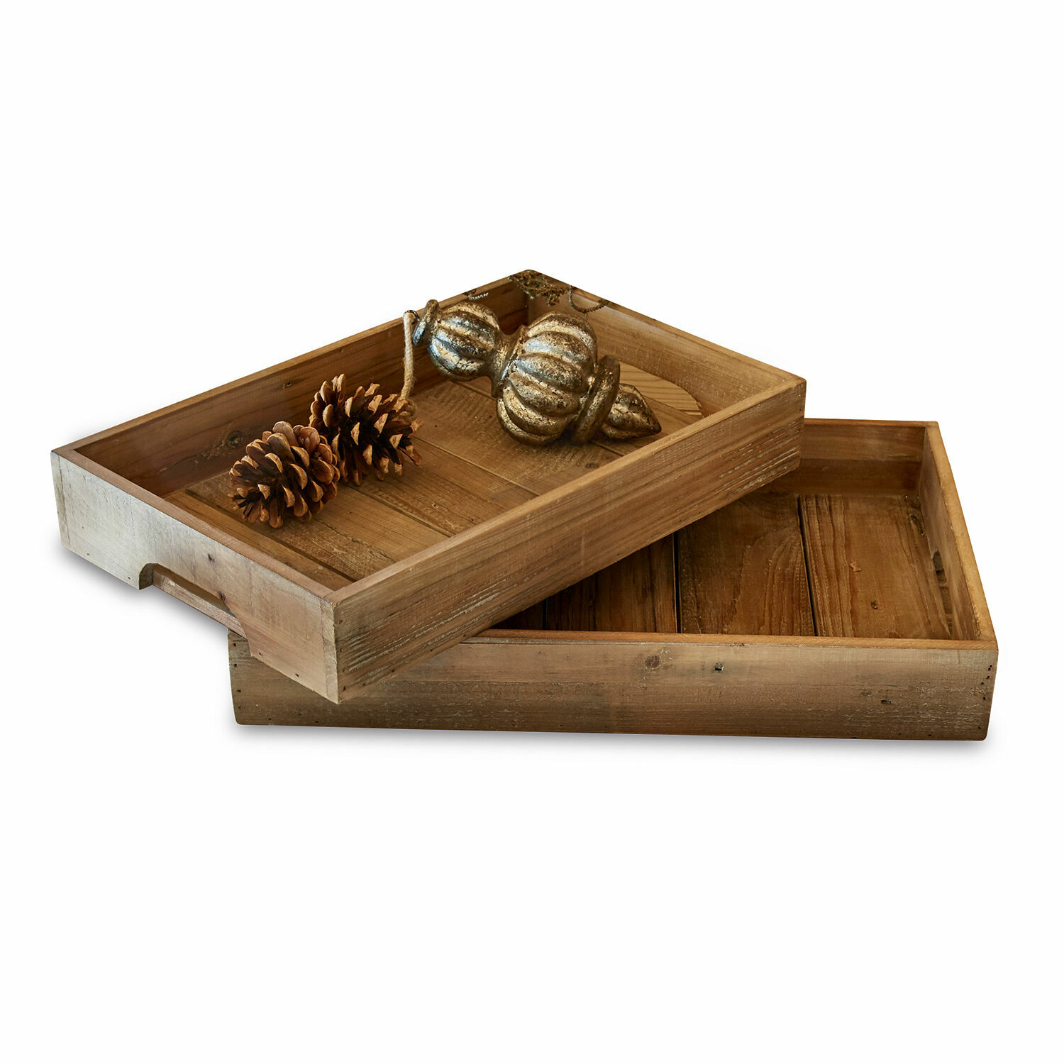 Tablett 2er Set Kerbella Holztabletts in Naturfarbe mit Zapfen und goldenem Dekor für ein rustikales Ambiente