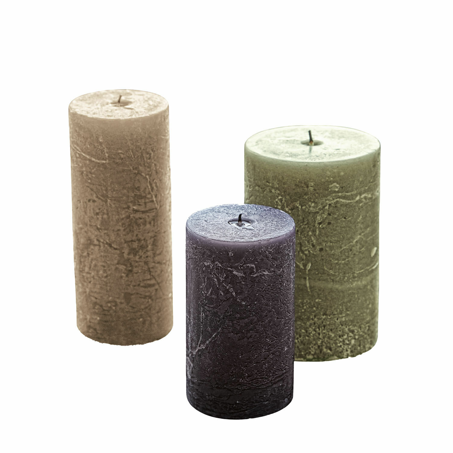 Kerze 3er Set Pretin Set aus drei rustikalen Stumpenkerzen in Beige, Grün und Violett zur Wohnraumdekoration