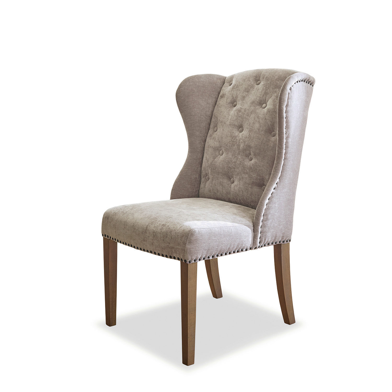 Stuhl Remi Eleganter beiger Polsterstuhl mit Holzbeinen und gepolstertem Rücken für Wohn- oder Esszimmer.