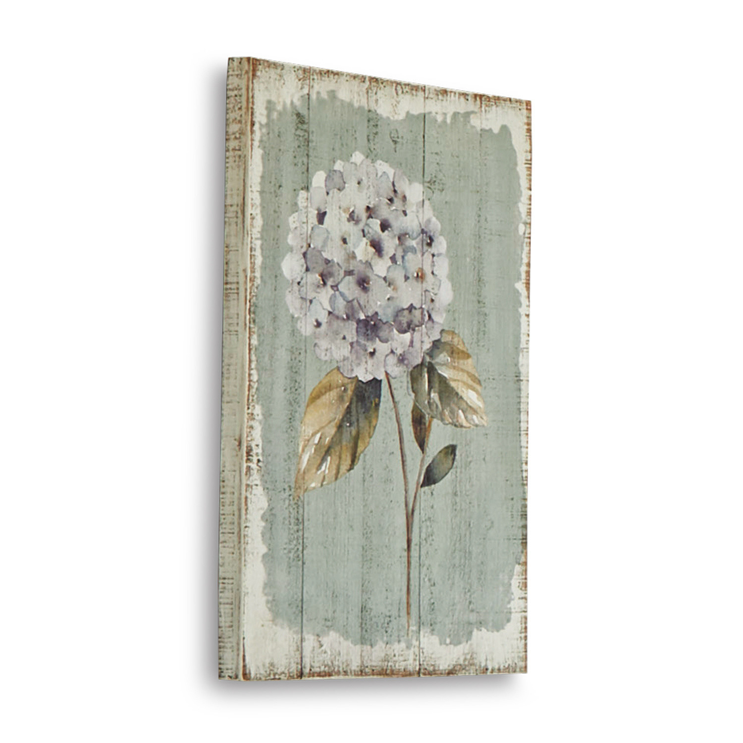 Dekoboard Isle Holzbild mit weisser Hortensienblüte auf grünem Hintergrund zur Wanddekoration