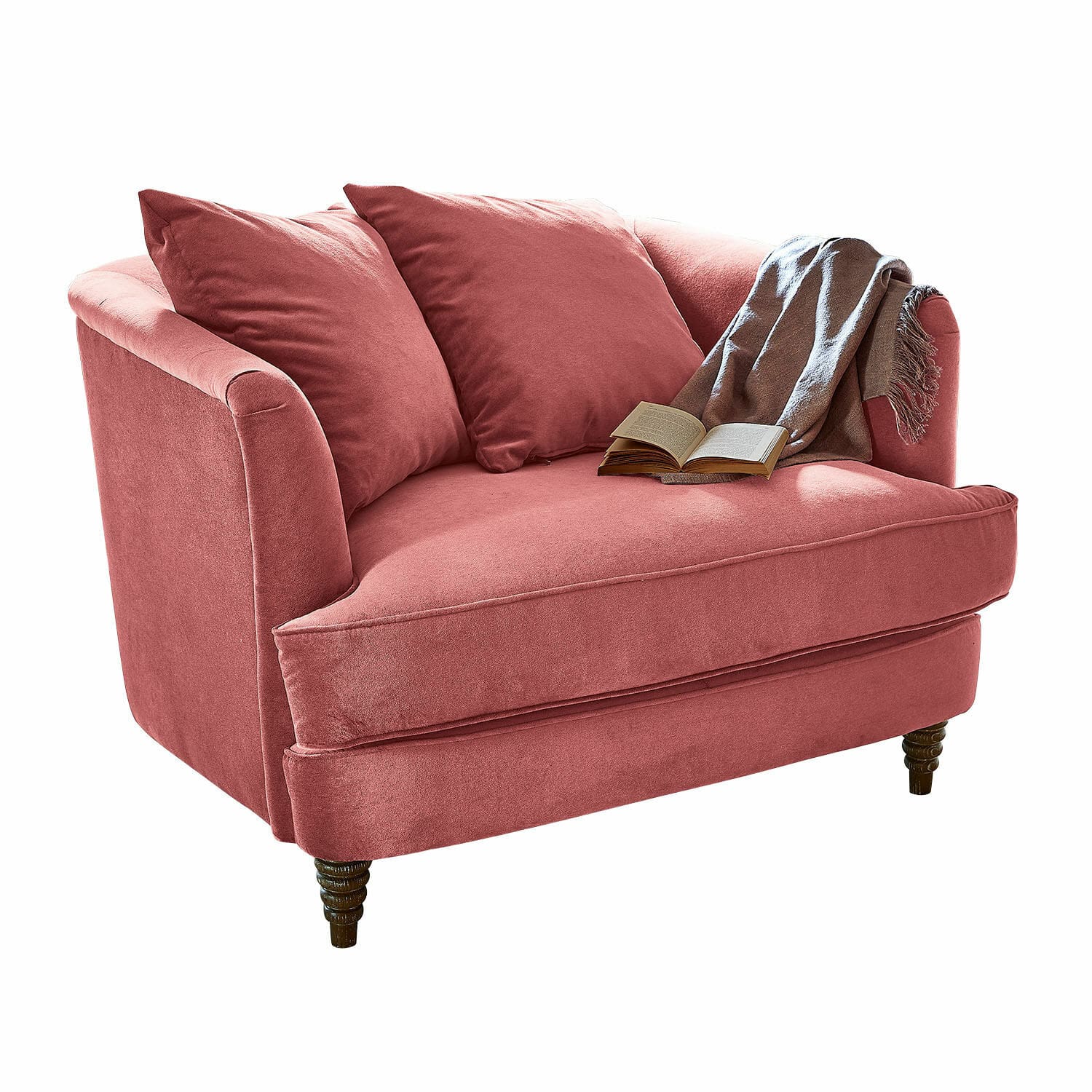 Sessel Etueffont Rosa Sofa aus weichem Stoff mit Kissen und graubraunem Plaid, gemütliches Wohnzimmermöbel