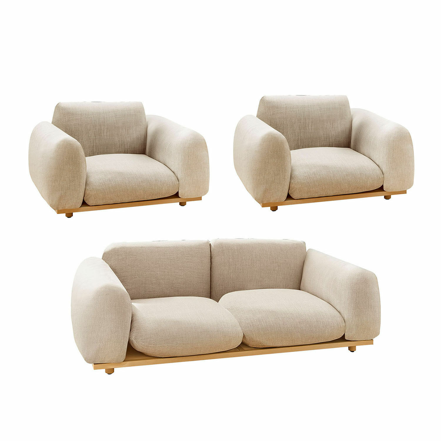 Sitzgruppe Savinard Beiges Sofa- und Sesselpaar aus Stoff mit Holzsockel, modernes und gemütliches Wohnzimmermöbel