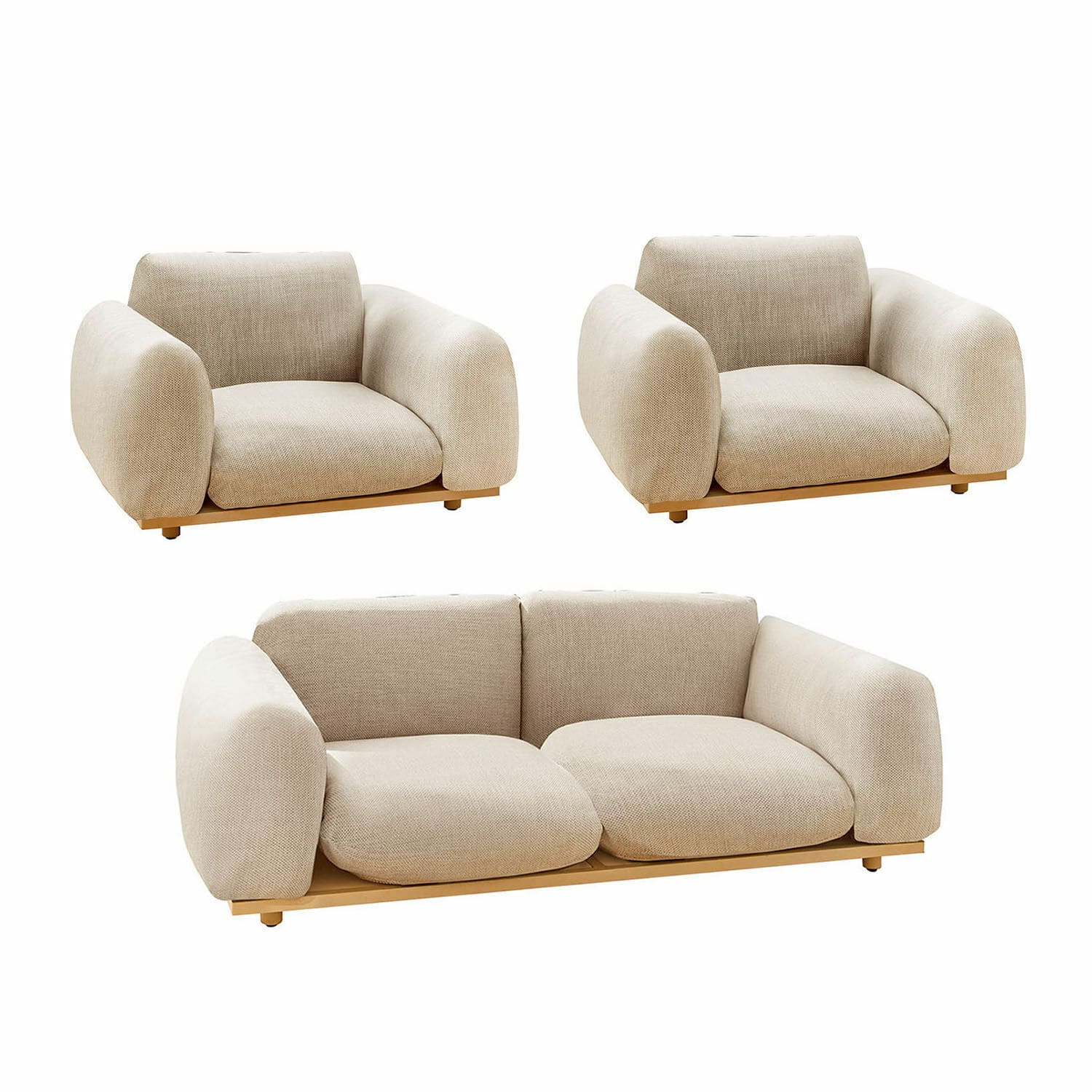 Sitzgruppe Savinard Beiges Sofa- und Sesselpaar aus Stoff mit Holzsockel, modernes und gemütliches Wohnzimmermöbel