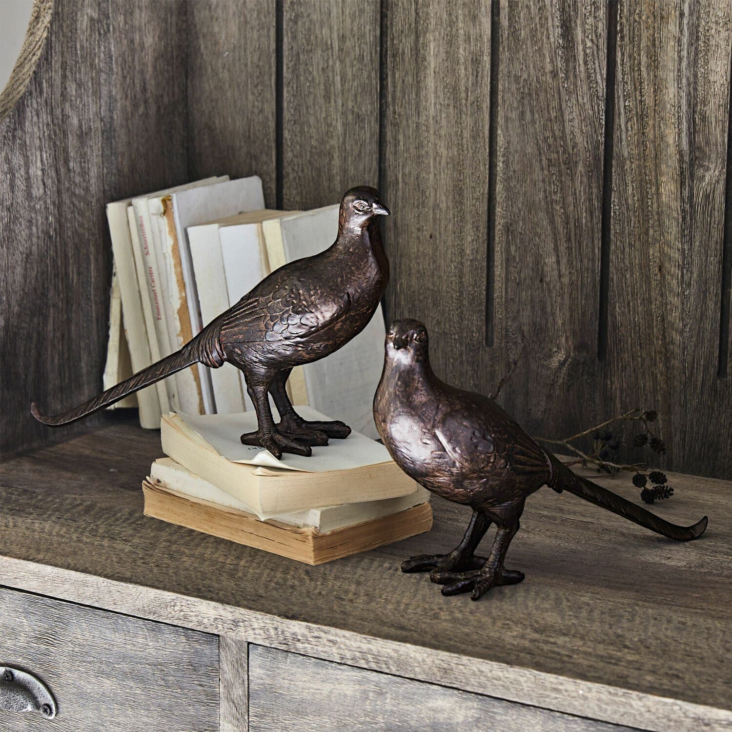 Deko-Vogel 2er Set Roddy Dekorative braune Metallvogel-Figuren auf einem Holzregal mit Büchern als Dekorationsobjekte