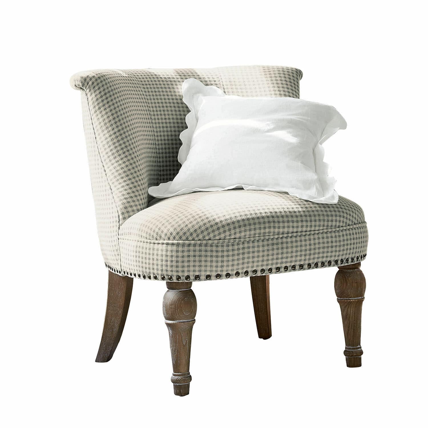 Sessel Francet Eleganter Sessel mit kariertem Stoffbezug, Holzbeinen und weissem Dekokissen