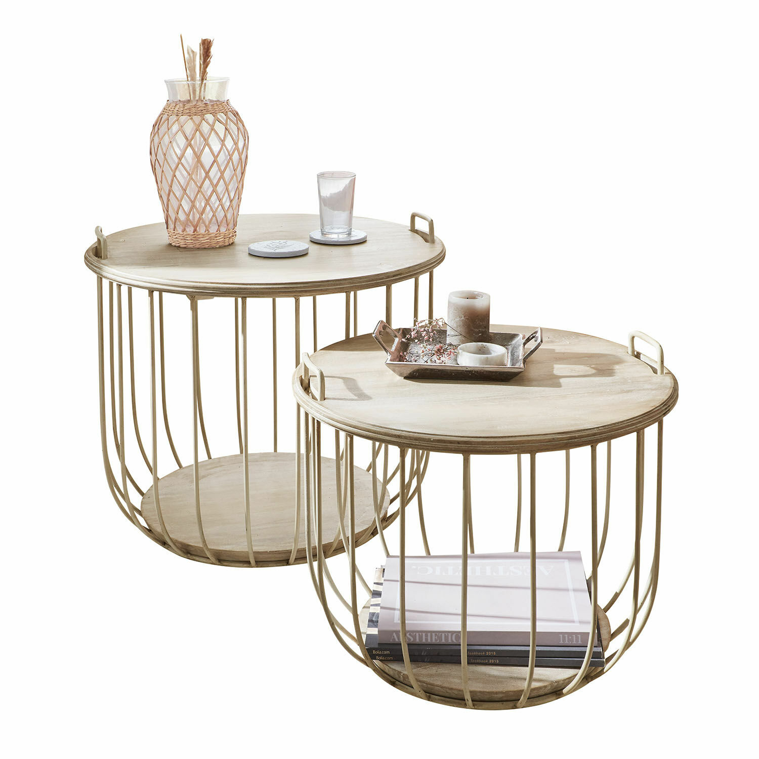 Couchtisch 2er Set Lawson Set aus zwei runden Beistelltischen mit Metallgestell und heller Holzplatte für das Wohnzimmer