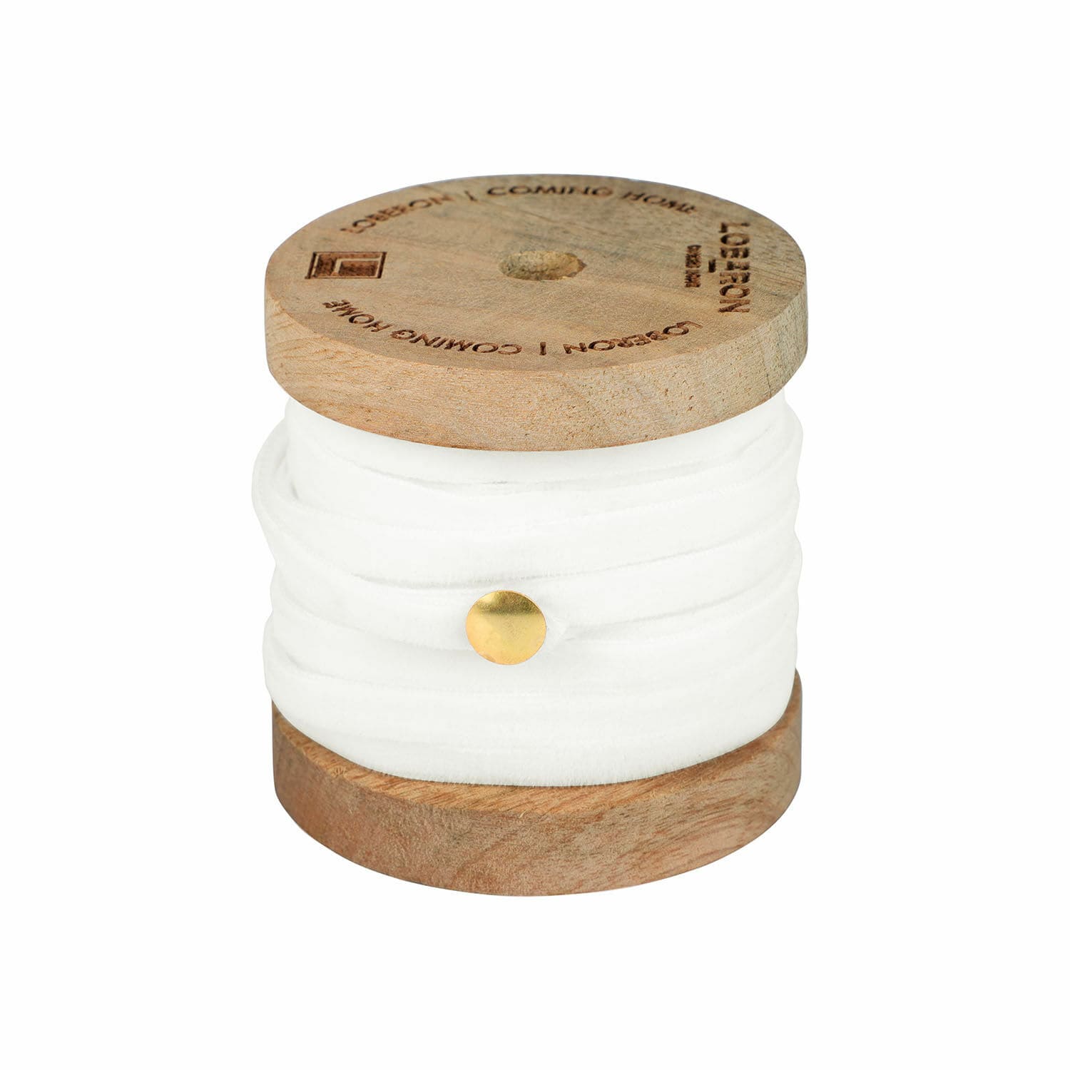 Cremefarbenes Samtband auf Holzspule für Dekoration und Bastelarbeiten