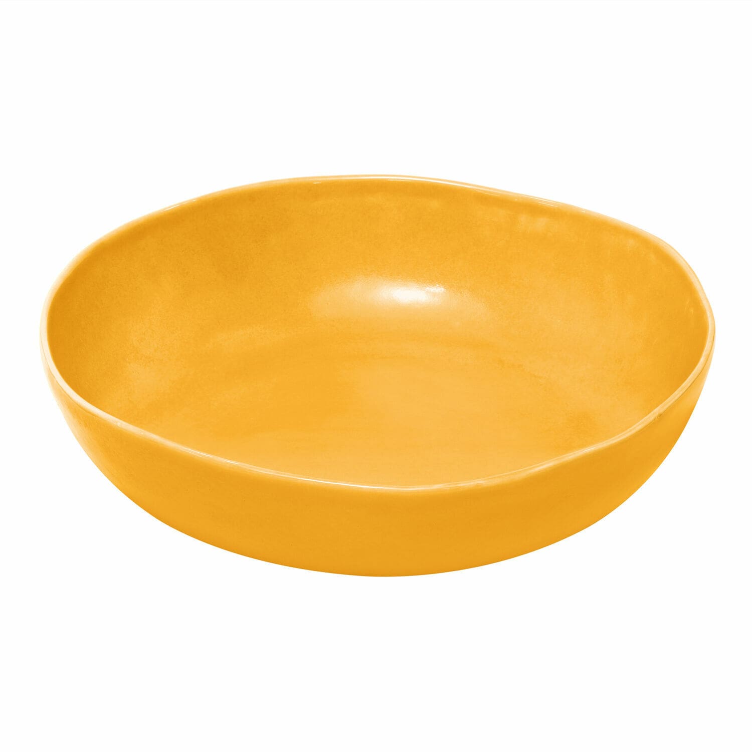 Gelbe Calvi-Keramikschüssel mit unregelmässiger Form, ideal zum Servieren von Speisen.