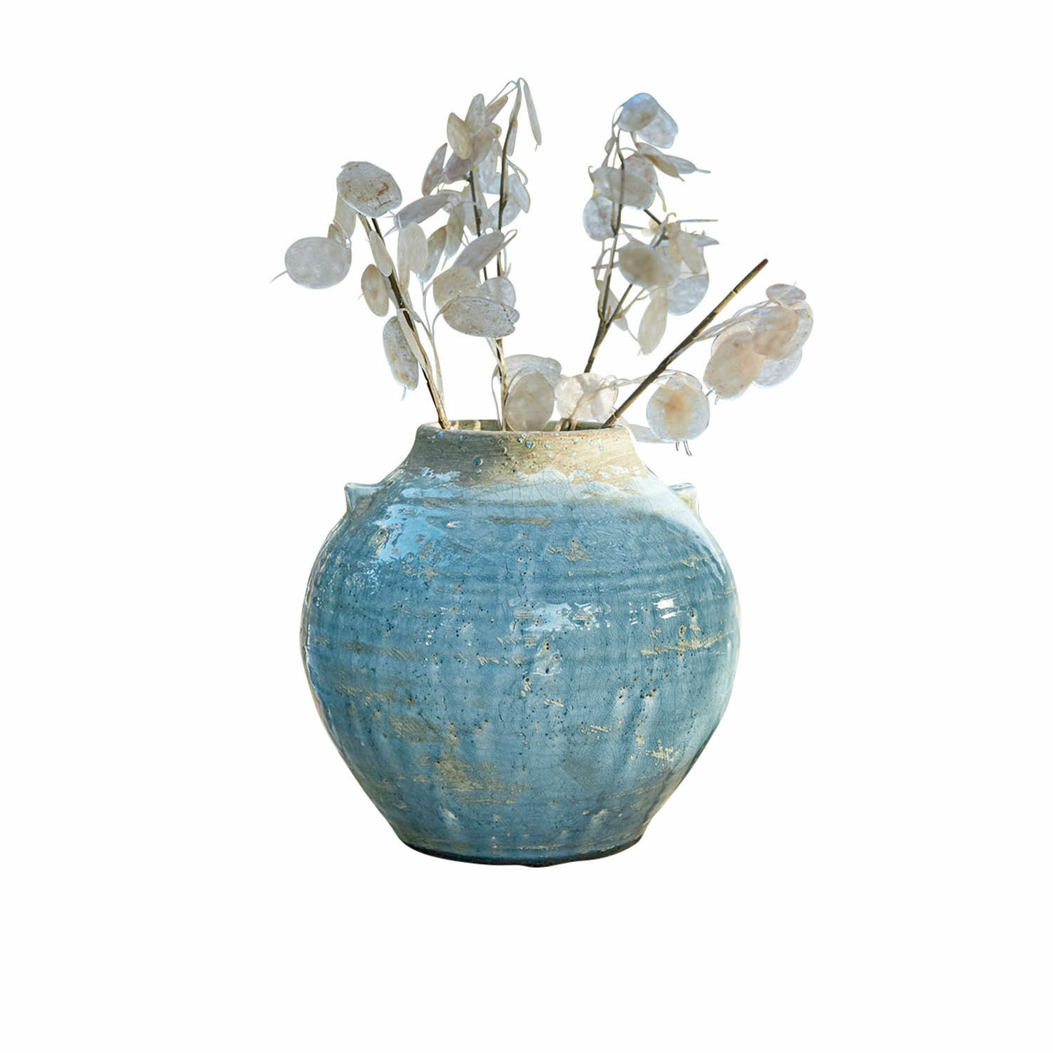 Vase Trevigno Blaue Keramikvase mit weissen, getrockneten Blumen als stilvolle Wohnraumdekoration