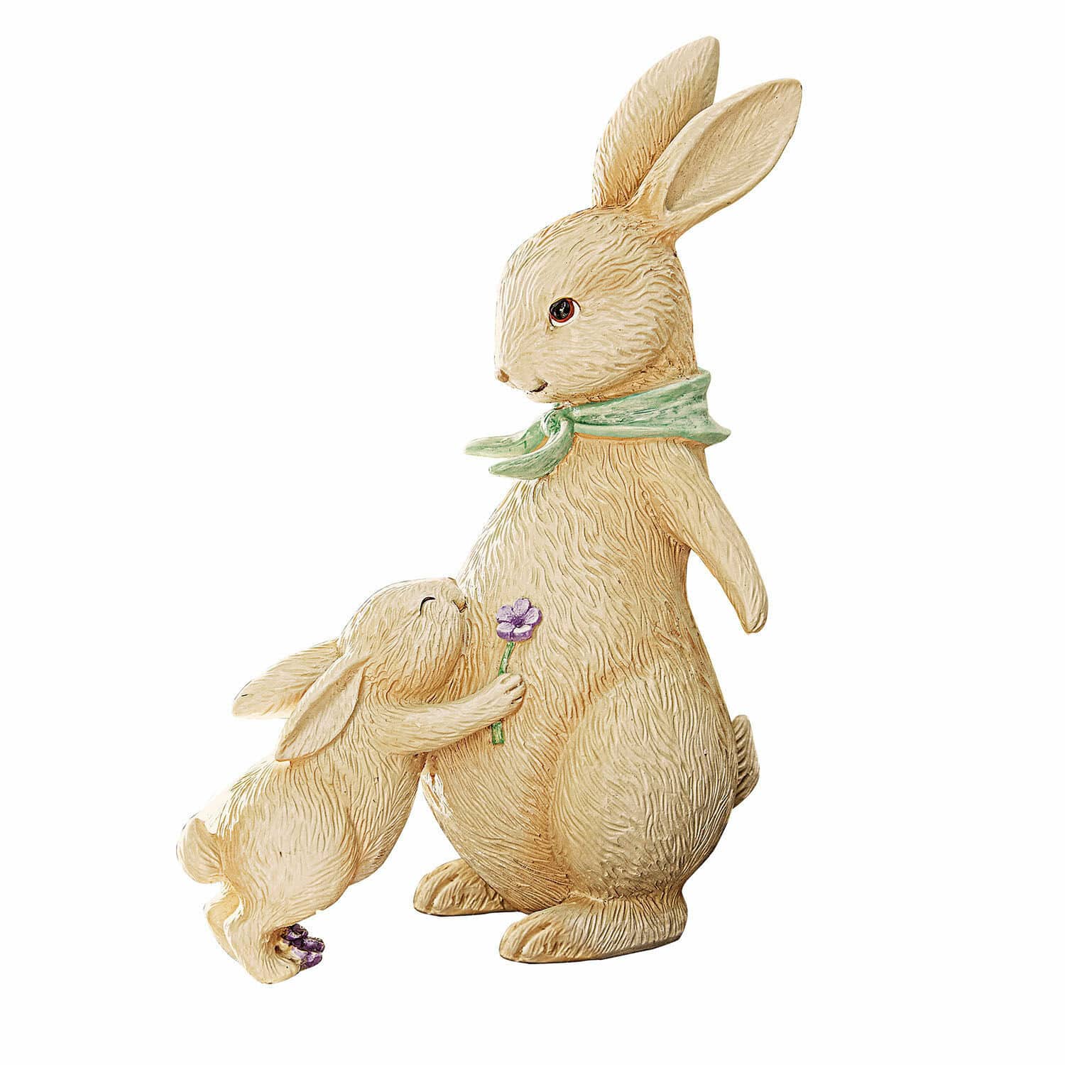 Deko-Hasen Susans Zwei Hasenfiguren aus Kunststoff in Beige mit grünem Halstuch und lila Blume, Frühlingsdekoration