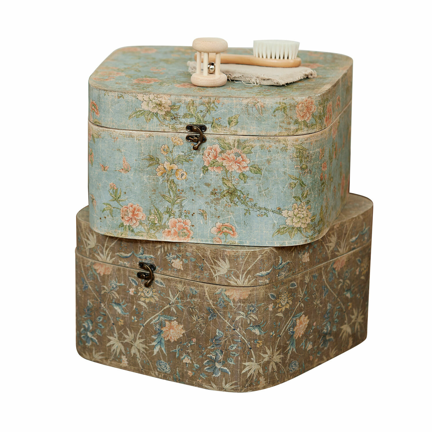 Box 2er Set Mafleur Zwei dekorative Aufbewahrungsboxen mit floralem Muster in Blau und Braun, Vintage-Stil