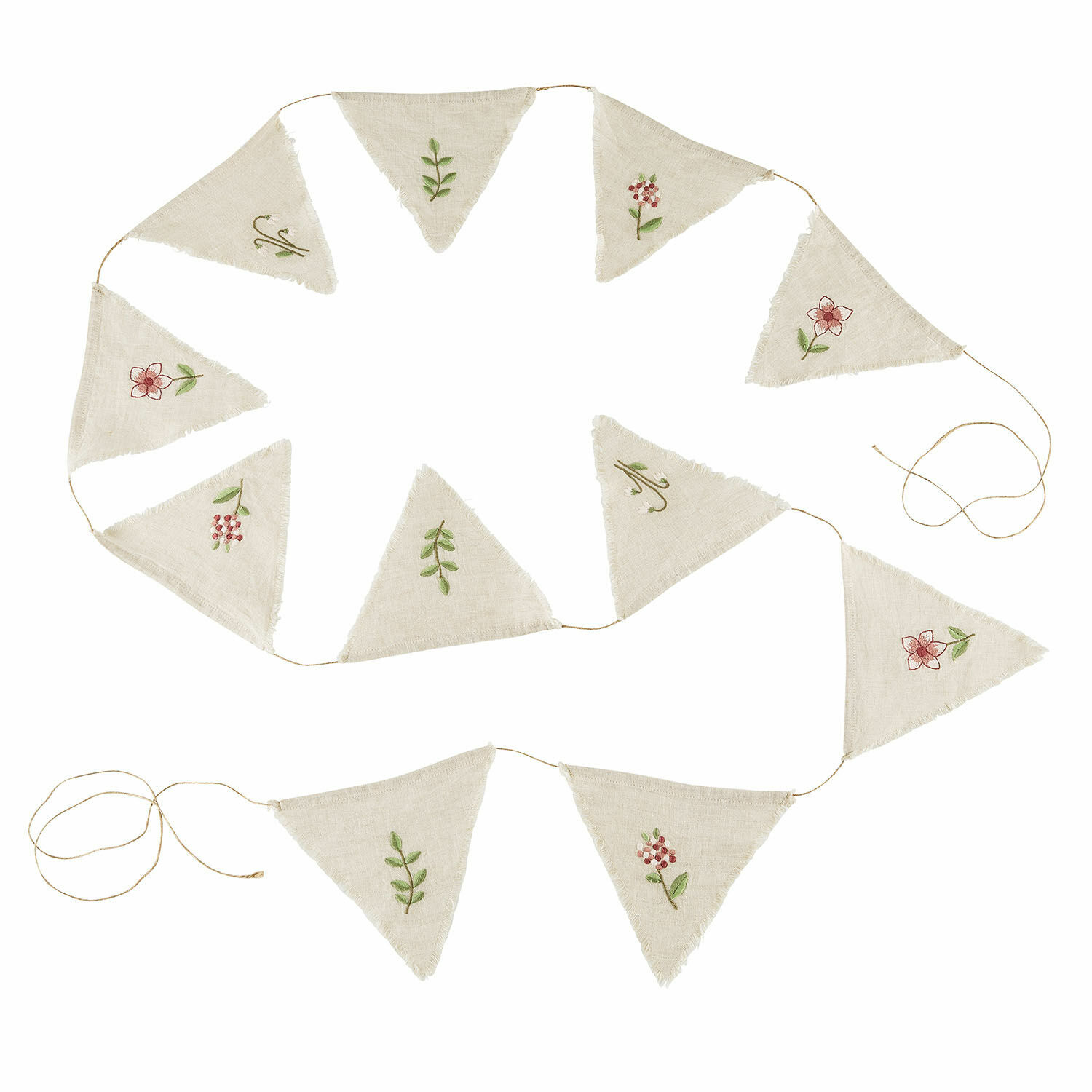 Wimpelgirlande Viyan Girlande aus naturfarbenem Leinen mit bestickten Blumenmotiven, dekorative Wohn- und Gartendekoration