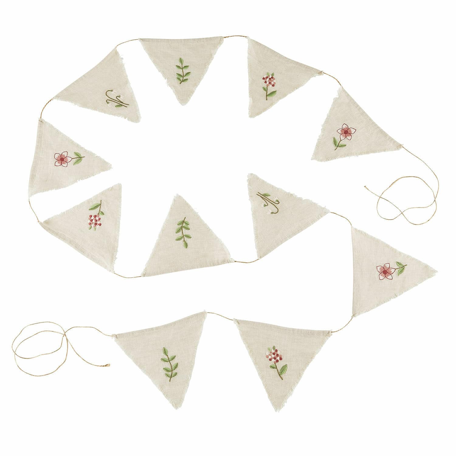 Wimpelgirlande Viyan Girlande aus naturfarbenem Leinen mit bestickten Blumenmotiven, dekorative Wohn- und Gartendekoration