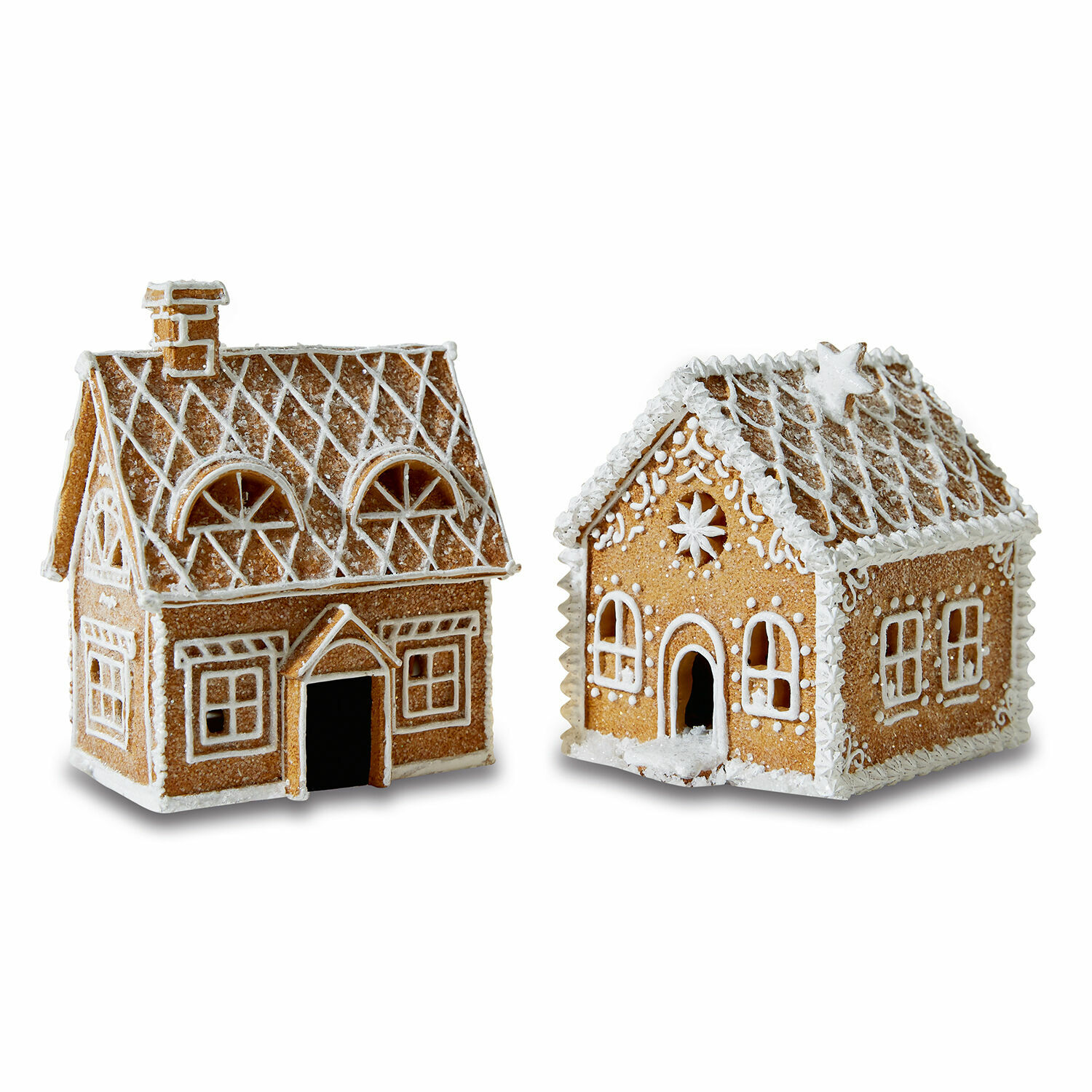 Deko-Haus 2er Set Tarreau Zwei Lebkuchenhäuser mit weisser Zuckerglasur und festlichen Verzierungen, Weihnachtsdekoration
