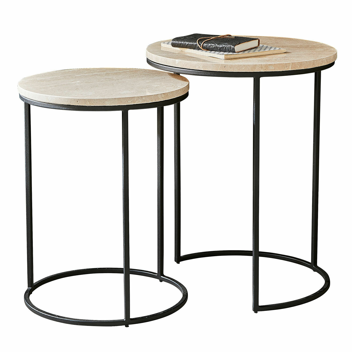 Beistelltisch 2er Set Émorieux Zweier-Set runder Beistelltische mit beiger Marmorplatte und schwarzem Metallgestell