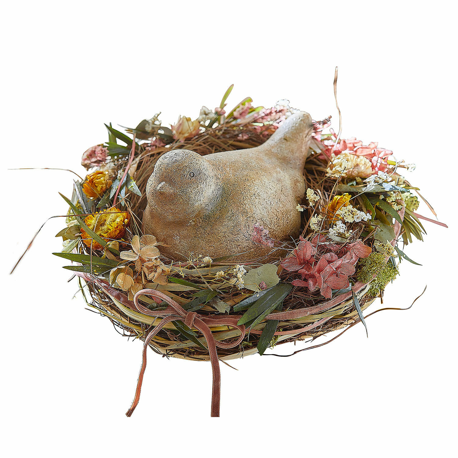 Nest Bravilex Dekorativer Steinvogel im Nest mit getrockneten Blumen und Blättern als Frühlingsdekoration