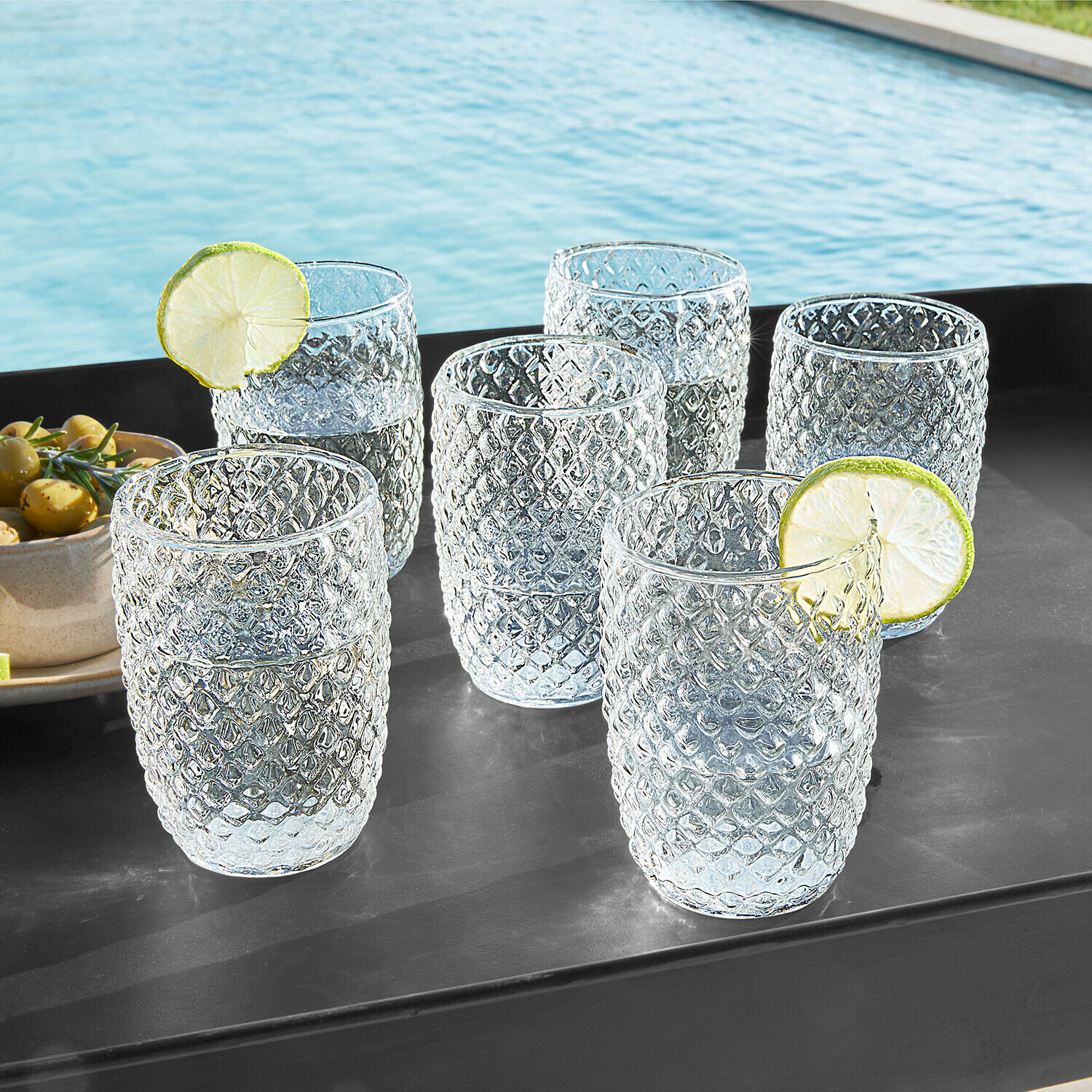Glas 6er Set Ivorias Set mit sechs klaren Gläsern mit Diamantmuster, ideal für erfrischende Getränke am Pool