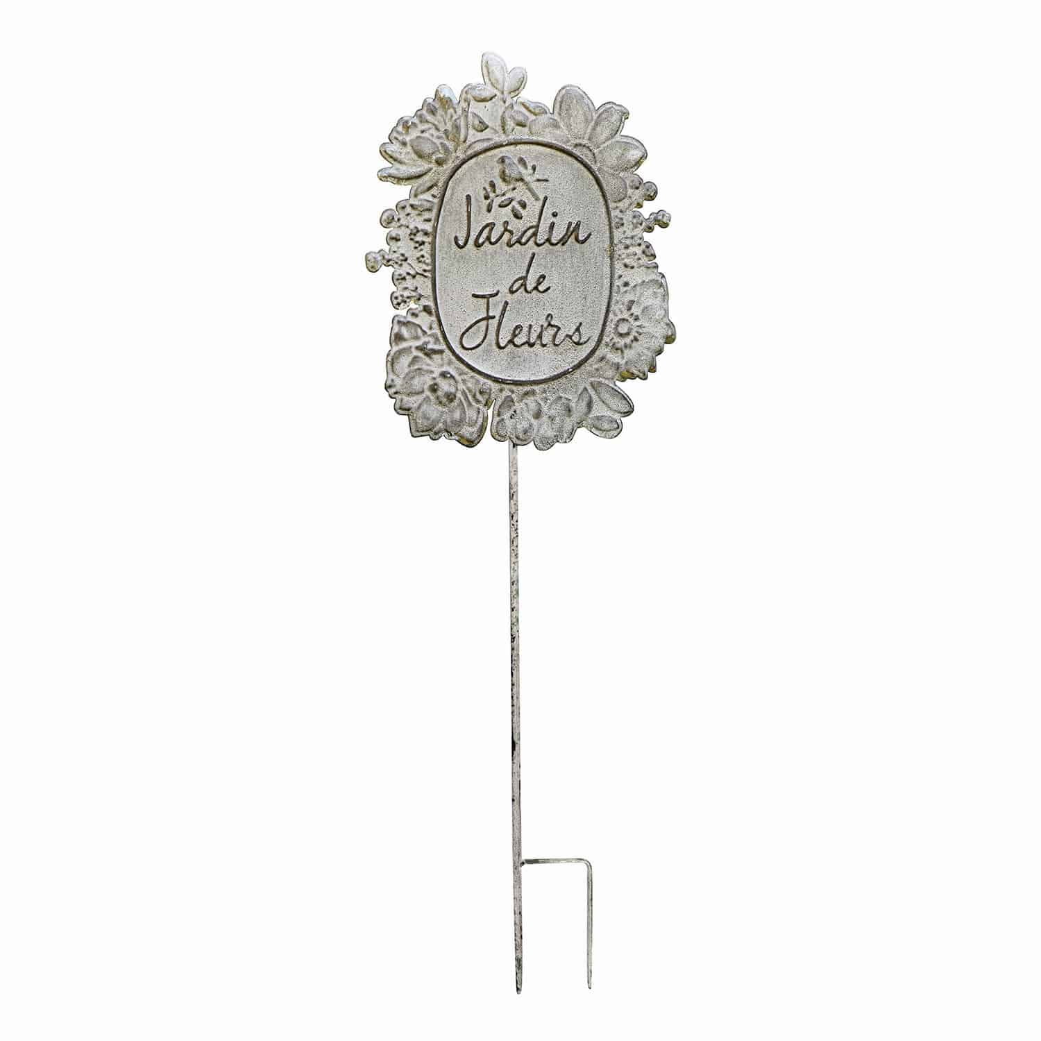 Gartenstab Luanda Weisses Metall-Gartenschild mit Schriftzug Jardin de Fleurs und Blumenornamenten