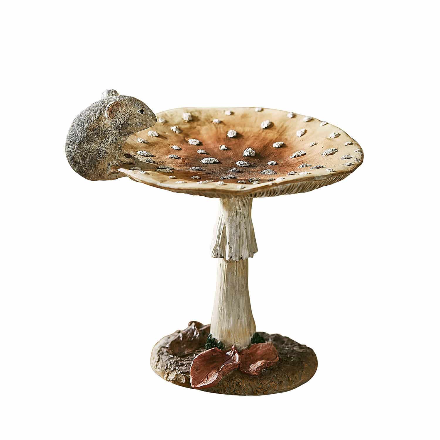 Deko-Pilz Isolise Dekorative Pilzschale aus Harz mit braunen Blättern und grauer Maus für Gartendekoration