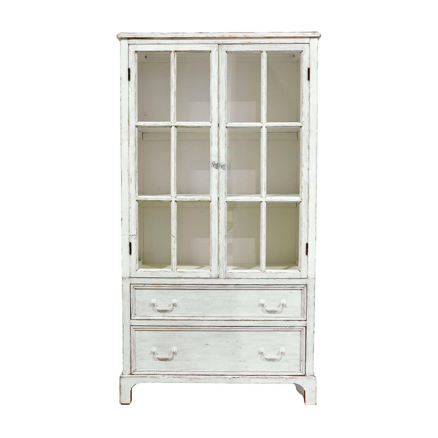 Schrank Jarrowfield Weisse Holzvitrine mit Glastüren und zwei Schubladen im Vintage-Stil