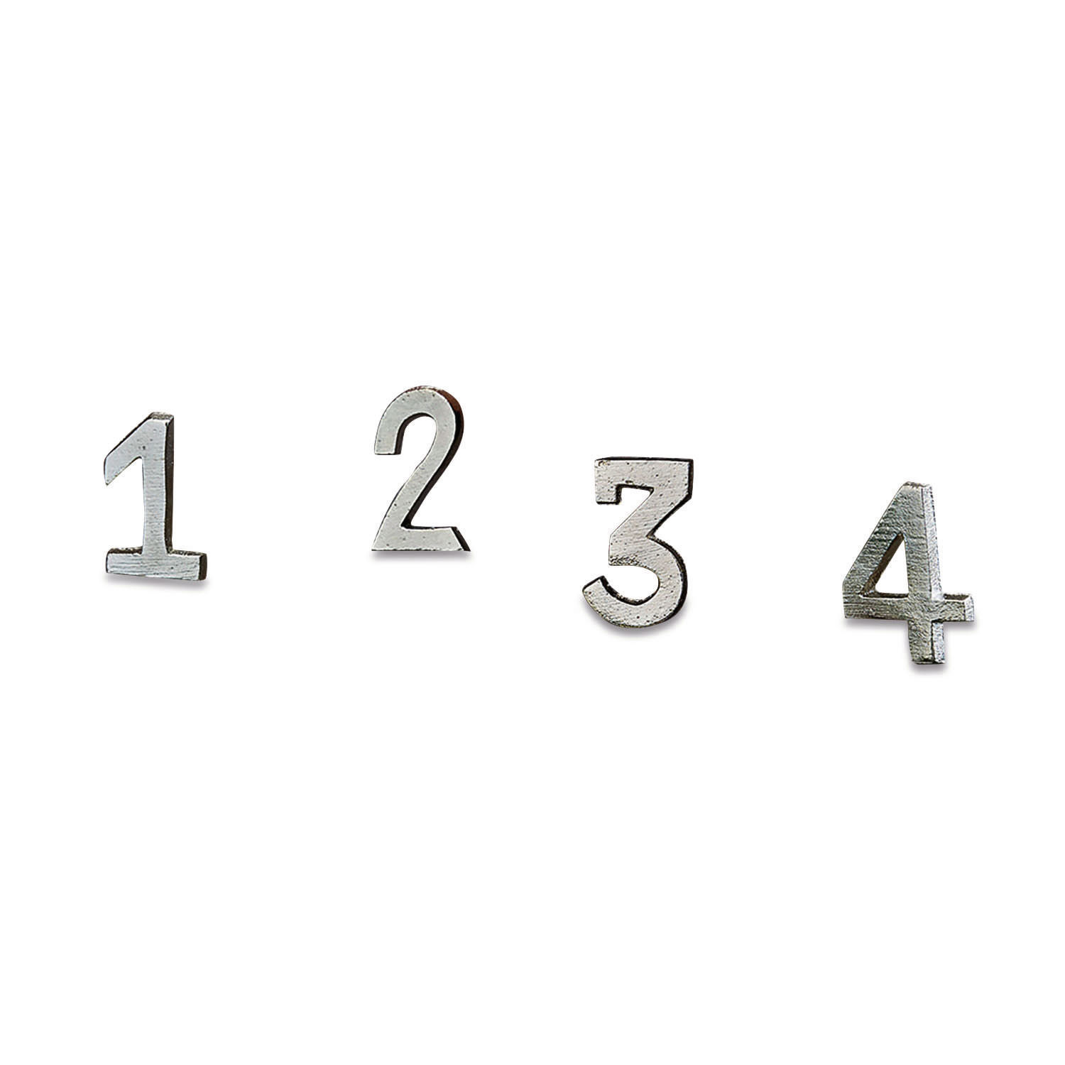 silber Set aus 4 silbernen Metall-Dekozahlen 1 bis 4 für kreative Wohnraumgestaltung.