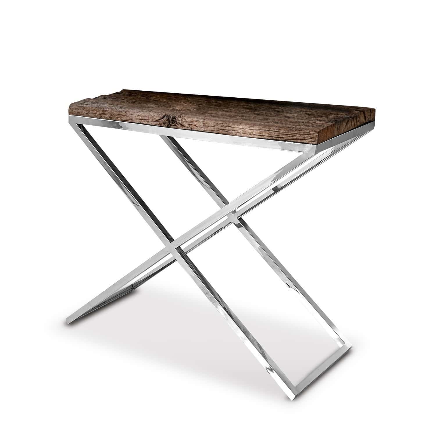 Konsole Conor Moderner Hocker mit dunkler Holzplatte und silbernem Metallgestell für das Wohnzimmer