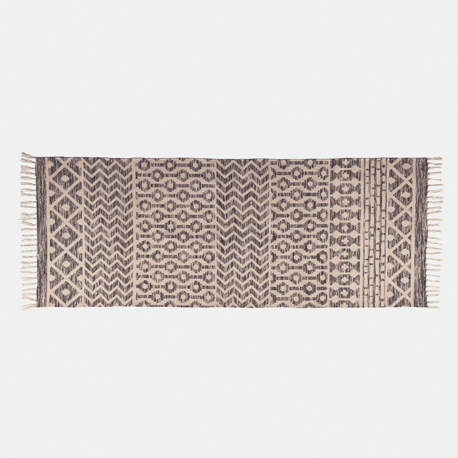 In- & Outdoor-Fussmatte Champigny Baumwollteppich in Creme mit schwarzen geometrischen Mustern und Fransen, Wohnraumdekoration
