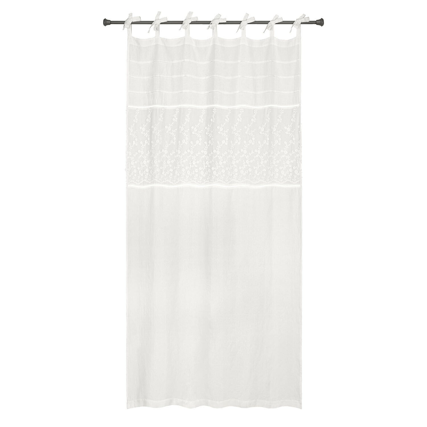 Gardine Lunérie Weisse Baumwollgardine mit feiner Stickerei und Bindeschlaufen zur Fensterdekoration