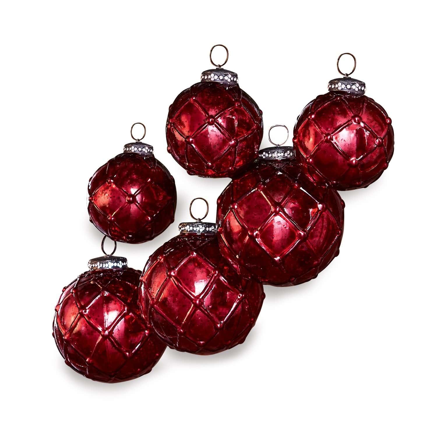 Weihnachtsschmuck 6er Set Roubi Set aus roten Christbaumkugeln aus Glas mit dekorativem Muster und Metallaufhängern
